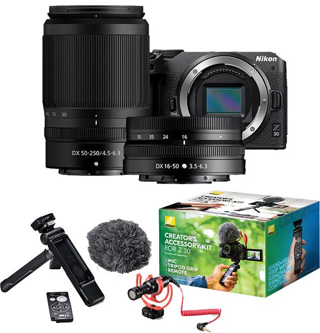 Nikon Z 30 Mirrorless Camera with Nikkor Z DX 16-50mm f3.5-6.3 VR -  50-250mm f4.5-6.3 VR Lenses and Creator Accessory Kit for Z 30