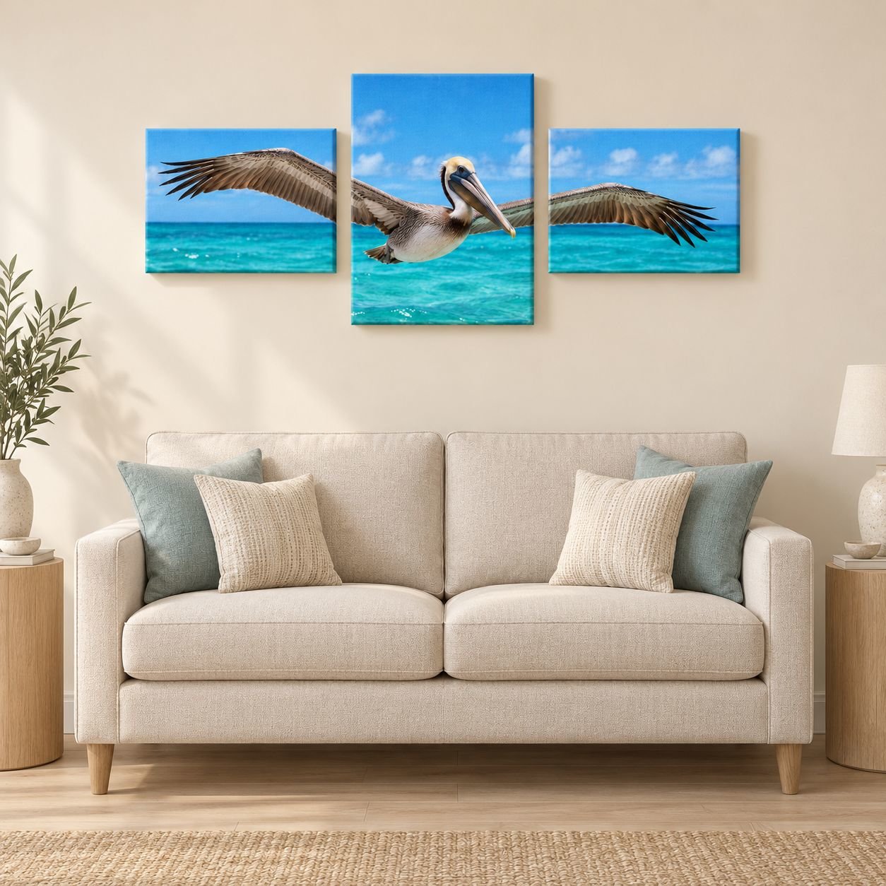 Flight canvas arrangement displayed above furniture